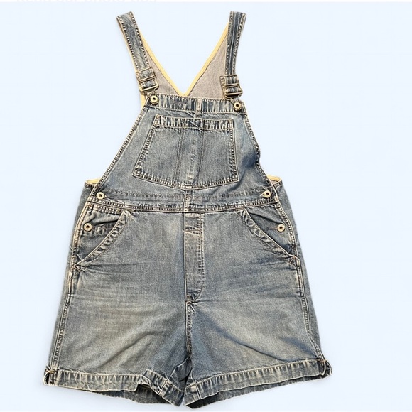 Vintage y2K GAP Industrial Denim Bib Shorts Overalls Jean Jorts Shortalls Med - Picture 1 of 9
